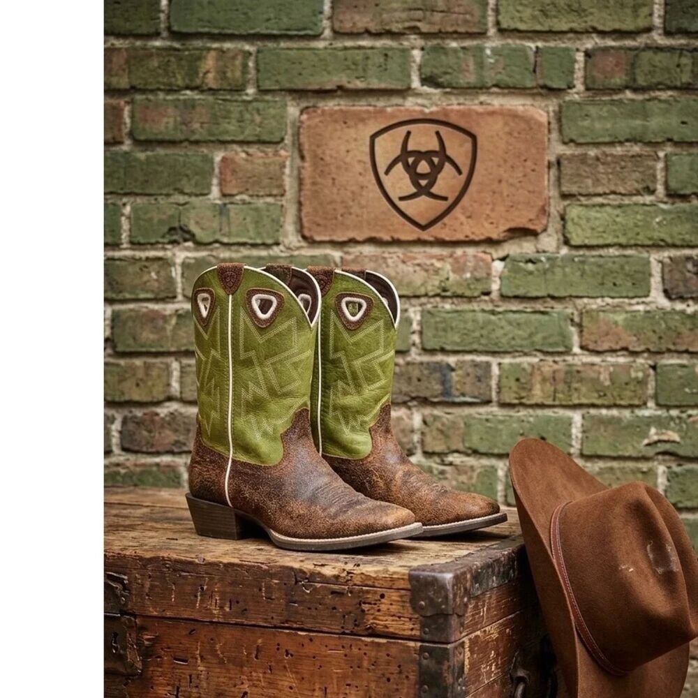 Ariat Kids Distressed Brown Lime Green Leather Western Cowboy Boots Size 4